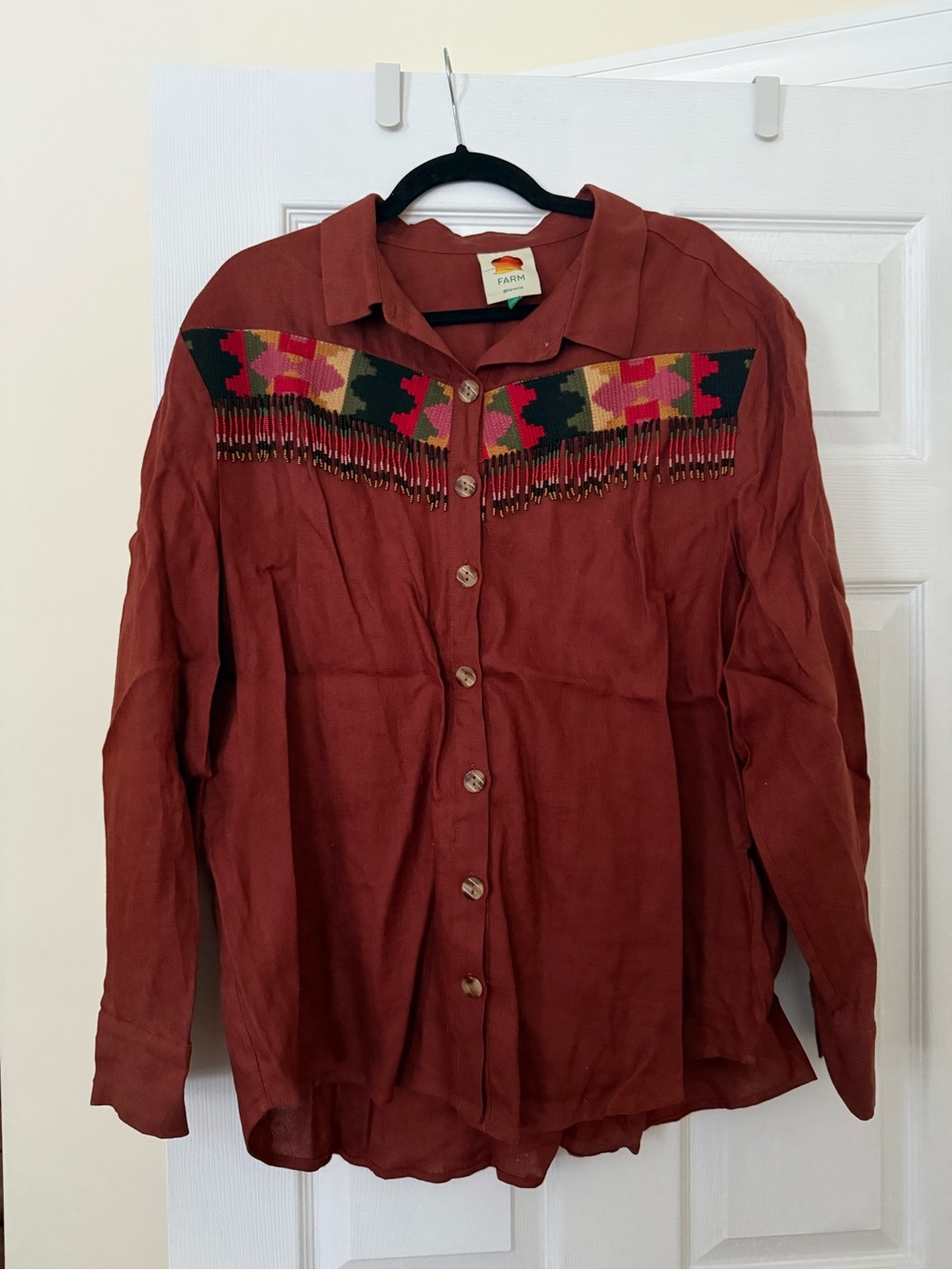 FARM Rio Rust Brown Beaded Button-Down Shirt - Picture 2 of 4